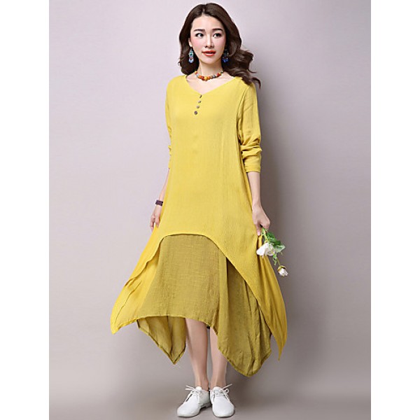 Women's Casual / Day Solid Loose / Swing Dress ,False Two Literature and ArtV Neck Maxi Cotton / Linen