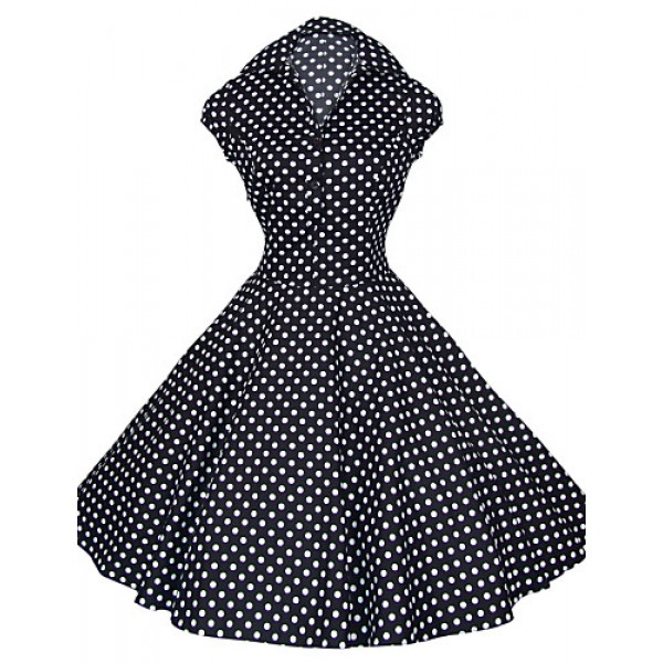 Women's White/Black/Blue 50s Vintage Polka Dots Swing Midi Dress