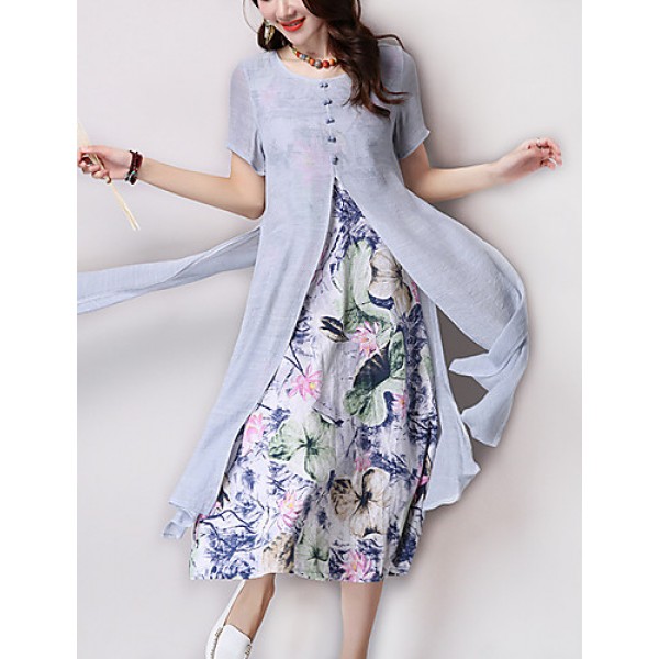 Women's Vintage Ethnic Print Floral Loose Dress,Casual/Daily Round Neck False two Midi Sweet Cotton / Linen