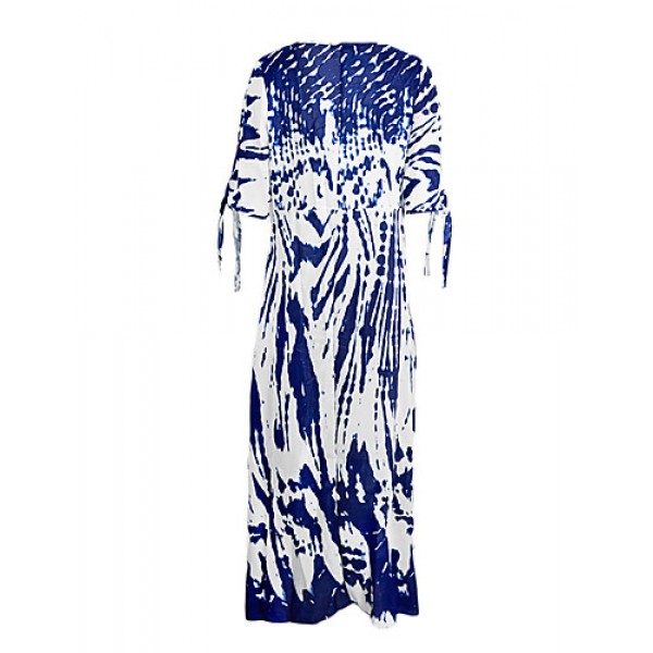 New Boho Maxi Dress Contrast Print Deep V-Neck Side Zipper 3/4 Sleeve Beach Evening Party Long