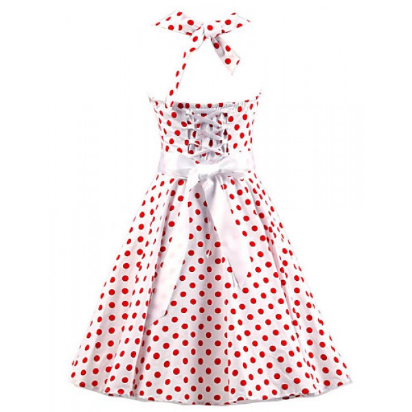 Women's White Red Mini Polka Dot Dress , Vintage Halter 50s Rockabilly Swing Dress