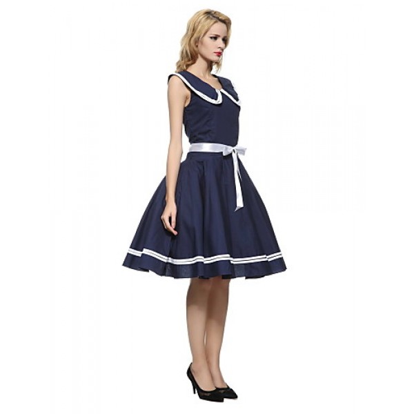 Women's 50s Vintage Nautical Sailor Rockabilly Hepburn Pinup Business Swing Dress 526