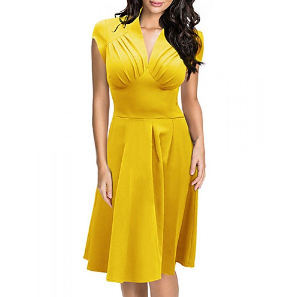 Women's Going out Vintage / Simple / Street chic Swing Dress,Solid Deep V Knee-length Short Sleeve