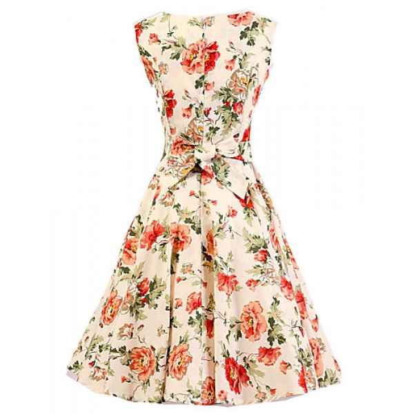 Women's Cream Floral Dress , Vintage Sleeveless 50s Rockabilly Swing Short Cocktail Dress