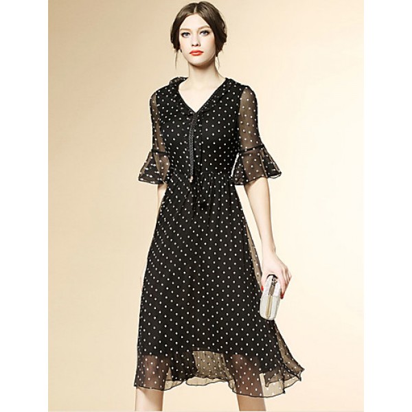 Women's Street chic Polka Dot Chiffon / Swing Dress,V Neck Knee-length Polyester