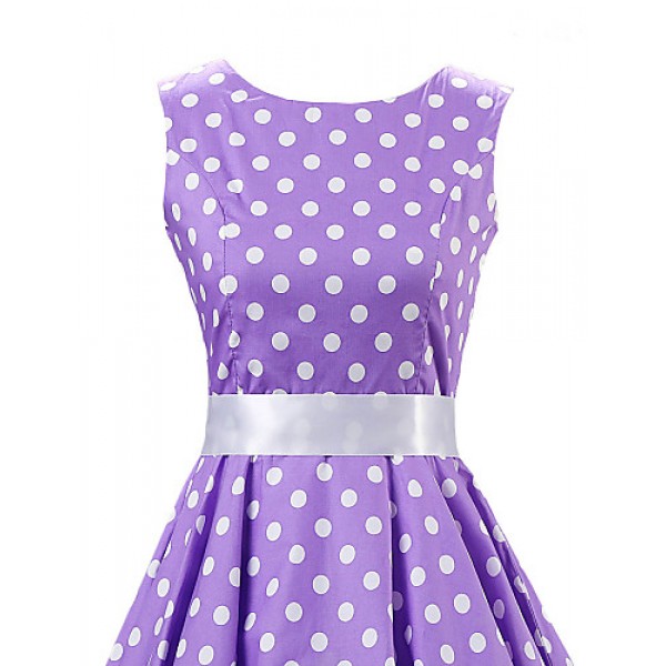 Women's Going out Vintage / Cute A Line / Skater Dress,Polka Dot Round Neck Knee-length Sleeveless Purple Cotton Spring Mid Rise