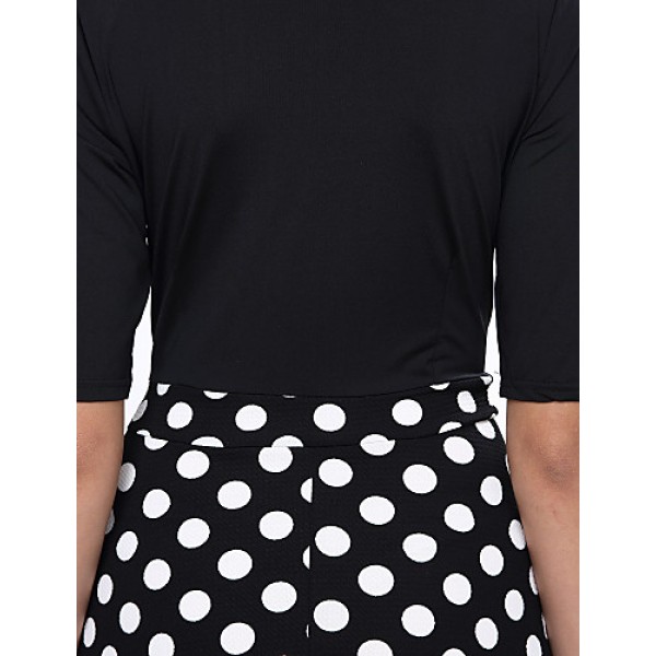 Women's Casual/Daily Plus Size Dress,Solid / Polka Dot V Neck Knee-length ? Length Sleeve Black Polyester Fall