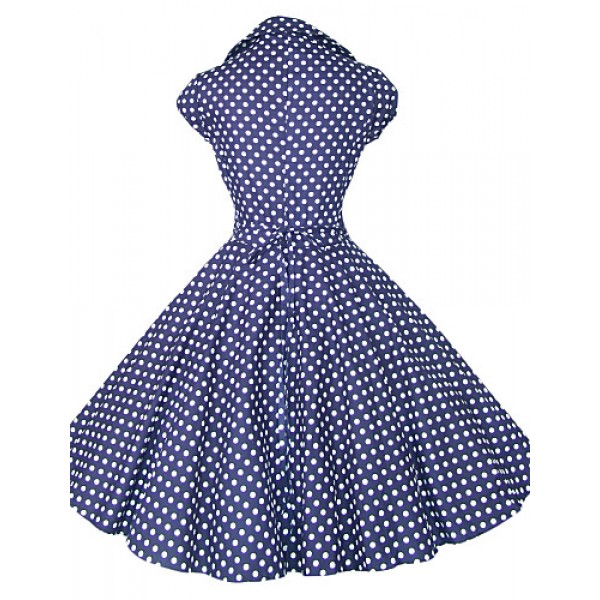 Women's White/Black/Blue 50s Vintage Polka Dots Swing Midi Dress