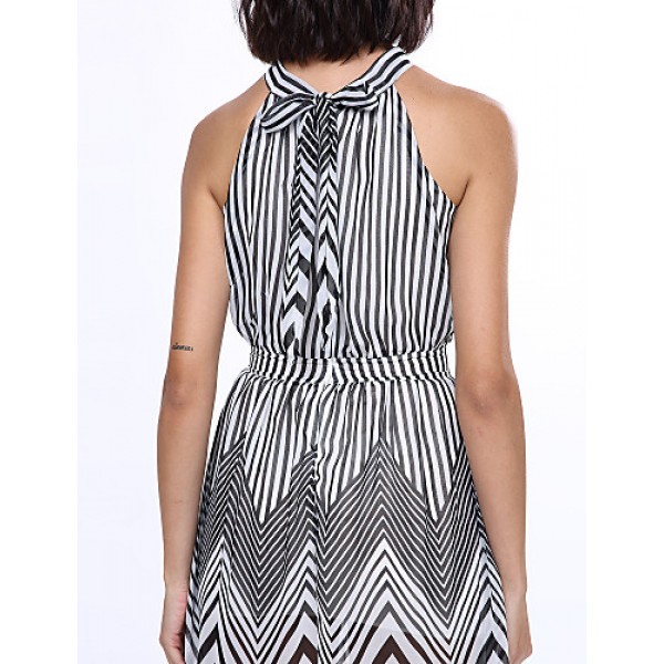 Women's Black & White Stripes Sexy Sleeveless Maxi Dress