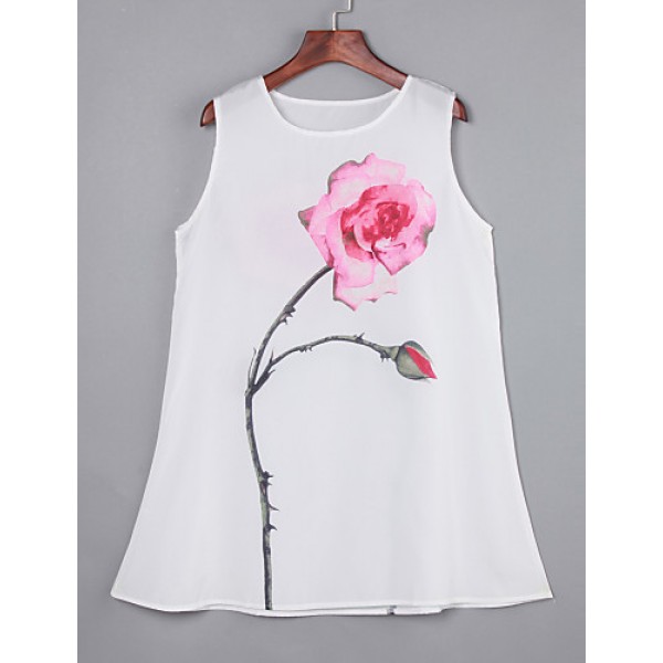 Women's Simple / Street chic Loose Dress,Floral Round Neck Above Knee Sleeveless White Polyester Summer