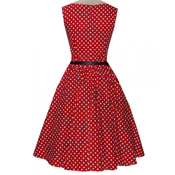 Women's Vintage Slim Polka Dot Printing Sleeveless Dress(With Belt)