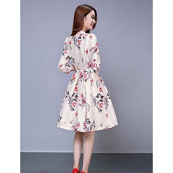 Women's Vintage Print Sheath Dress,Round Neck Knee-length Polyester