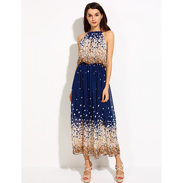 Women's Beach / Holiday Boho Chiffon / Swing Dress,Floral Halter Maxi Sleeveless Blue Polyester Spring / Summer Mid Rise Micro-elastic