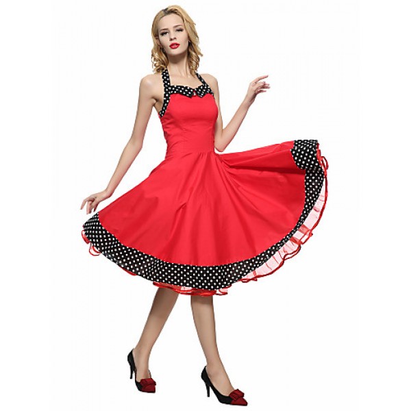 Women's Red/Black Vintage Polka Dots Midi Swing Dress, Full Circle Halter