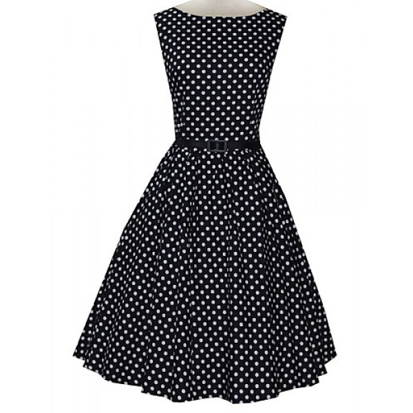 Women's Vintage Slim Polka Dot Printing Sleeveless Dress(With Belt)