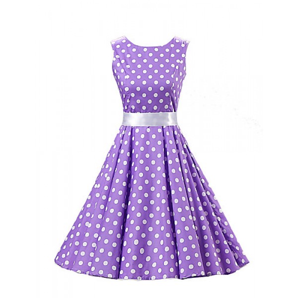 Women's Going out Vintage / Cute A Line / Skater Dress,Polka Dot Round Neck Knee-length Sleeveless Purple Cotton Spring Mid Rise