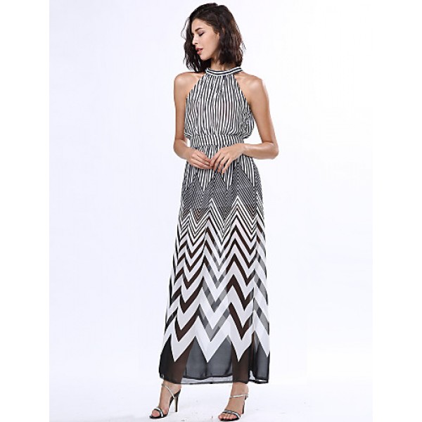 Women's Black & White Stripes Sexy Sleeveless Maxi Dress