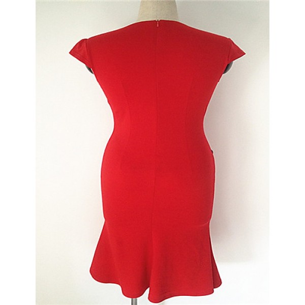 Women's Vintage V Neck Button Dress , Cotton Blends Red Bodycon/Casual/Party/Work