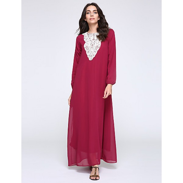 Women's Simple Loose / Chiffon Dress,Solid Round Neck Maxi Long Sleeve Blue / Red / Black / Green Polyester Fall