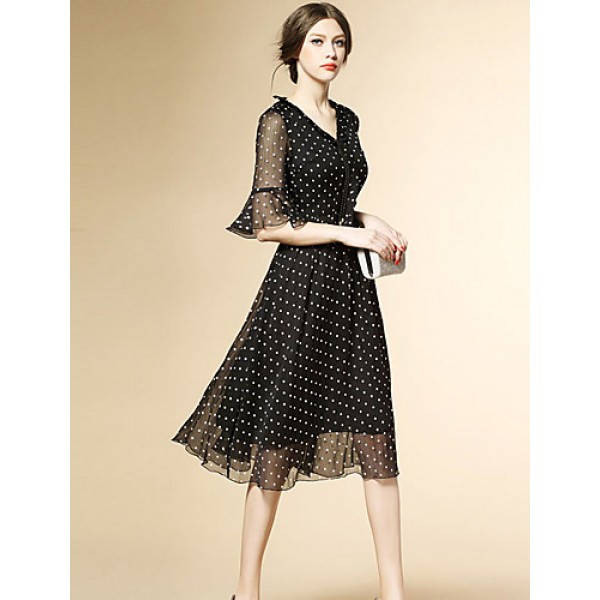 Women's Street chic Polka Dot Chiffon / Swing Dress,V Neck Knee-length Polyester