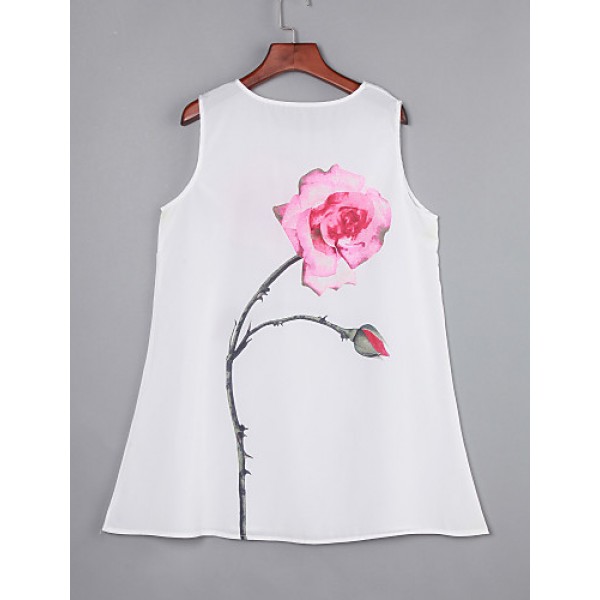 Women's Simple / Street chic Loose Dress,Floral Round Neck Above Knee Sleeveless White Polyester Summer