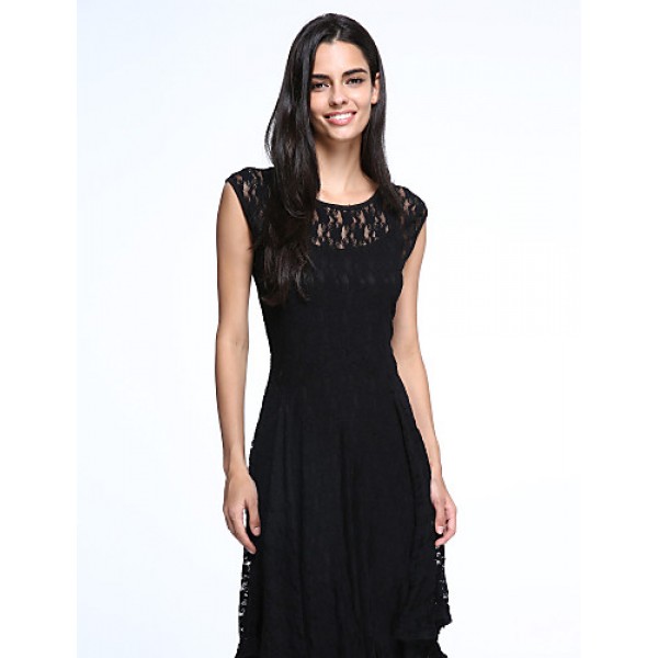 Women's Beach Lace / Skater Dress,Solid Round Neck Maxi Sleeveless Blue / Black Acrylic Spring