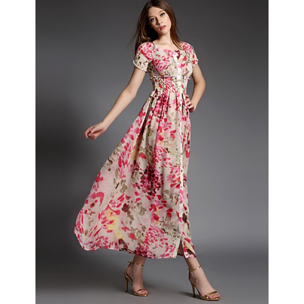 Women's Party/Cocktail Boho A Line Dress,Floral Square Neck Maxi Short Sleeve Pink Cotton Summer