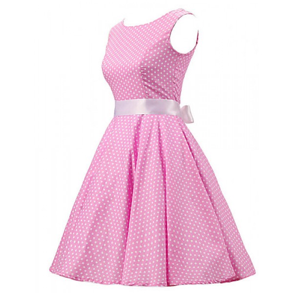 Women's Pink White Mini Polka Dot Dress , Vintage Sleeveless 50s Rockabilly Swing Short Cocktail Dress