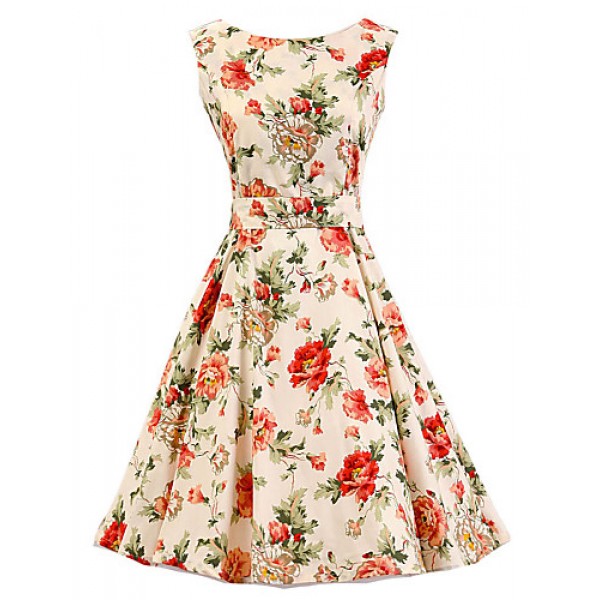 Women's Cream Floral Dress , Vintage Sleeveless 50s Rockabilly Swing Short Cocktail Dress