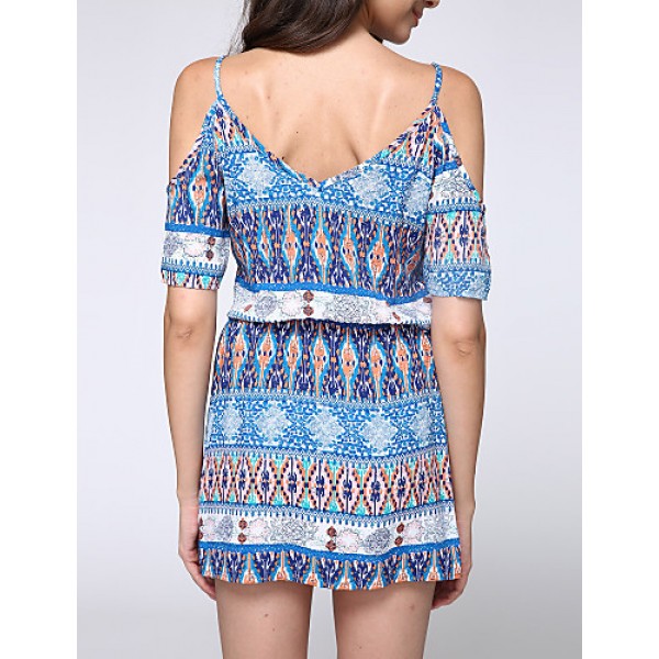 Women's Casual/Daily Boho Sheath Dress,Print Strap Above Knee Short Sleeve Blue Polyester Summer