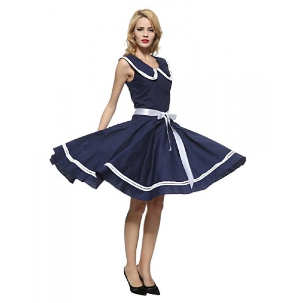 Women's 50s Vintage Nautical Sailor Rockabilly Hepburn Pinup Business Swing Dress 526