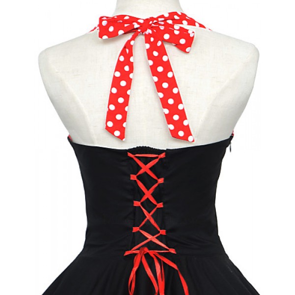 Women's Red/Black Vintage Polka Dots Midi Swing Dress, Full Circle Halter