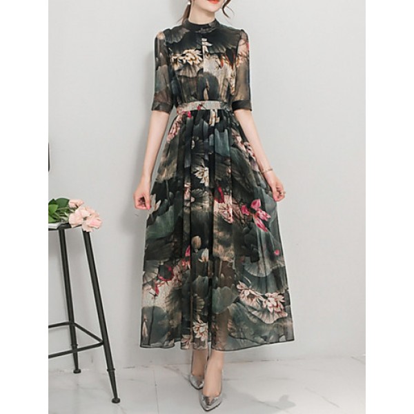 Women's Going out Vintage Swing Dress,Print Stand Maxi ? Sleeve Multi-color Polyester Summer