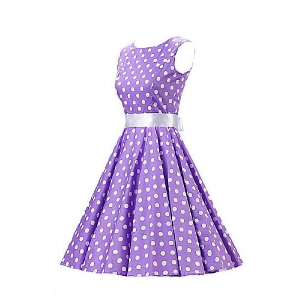 Women's Going out Vintage / Cute A Line / Skater Dress,Polka Dot Round Neck Knee-length Sleeveless Purple Cotton Spring Mid Rise