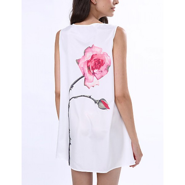 Women's Simple / Street chic Loose Dress,Floral Round Neck Above Knee Sleeveless White Polyester Summer