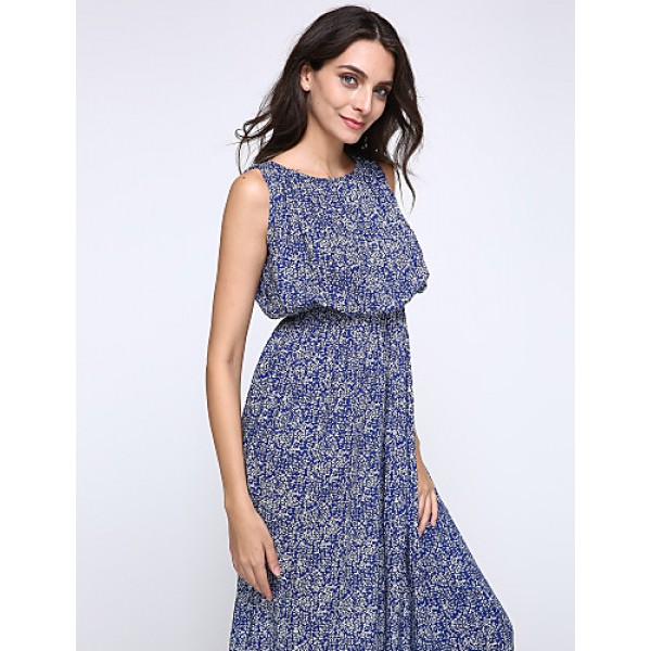 Women's Casual/Daily / Holiday / Plus Size Boho Chiffon / Swing Dress,Print Round Neck Midi Sleeveless Blue Polyester Summer High Rise