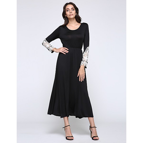 Women's Casual/Daily Simple Little Black / Swing Dress,Patchwork Round Neck Maxi Long Sleeve Black Polyester / Spandex Spring Mid Rise