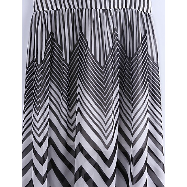 Women's Black & White Stripes Sexy Sleeveless Maxi Dress