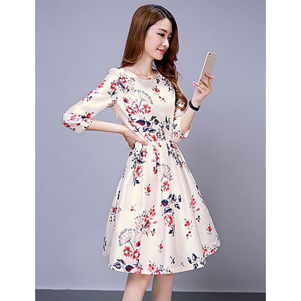 Women's Vintage Print Sheath Dress,Round Neck Knee-length Polyester