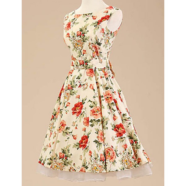 Women's Halter 50s Vintage Flower Print Rockabilly Sleeveless Dress(Not Include Petticoat)