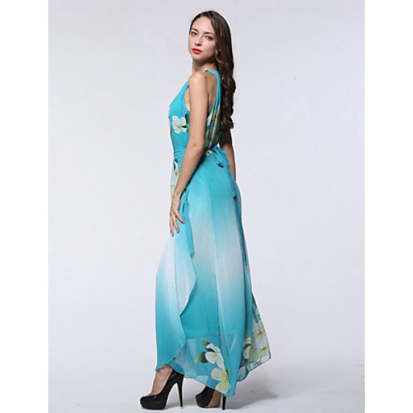 Women's Holiday / Plus Size Boho Chiffon Dress,Print Round Neck Maxi Sleeveless Blue Polyester Summer