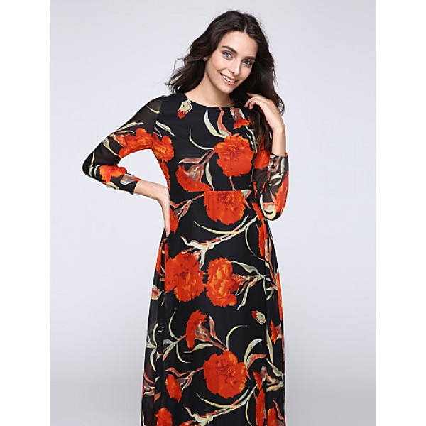 Women‘s Beach Trumpet/Mermaid Dress,Patchwork Stand Maxi Long Sleeve Orange Spandex Spring