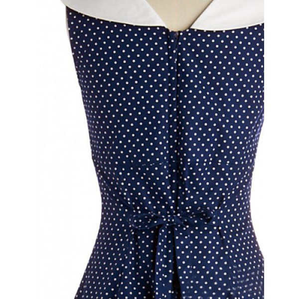 Women's Party/Cocktail Vintage A Line / Skater Dress,Polka Dot V Neck Knee-length Sleeveless Blue Cotton / Polyester Fall High Rise