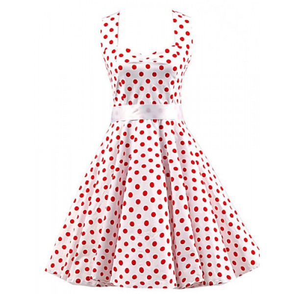 Women's White Red Mini Polka Dot Dress , Vintage Halter 50s Rockabilly Swing Dress