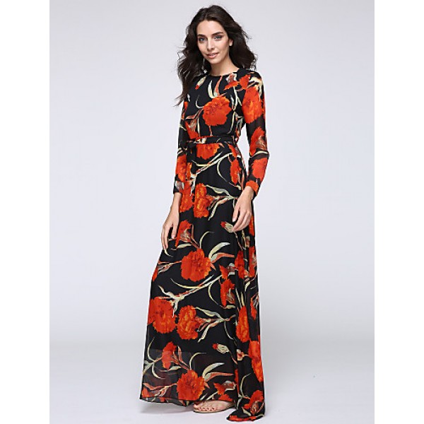 Women‘s Beach Trumpet/Mermaid Dress,Patchwork Stand Maxi Long Sleeve Orange Spandex Spring