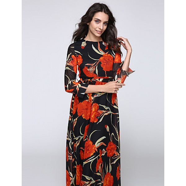 Women‘s Beach Trumpet/Mermaid Dress,Patchwork Stand Maxi Long Sleeve Orange Spandex Spring