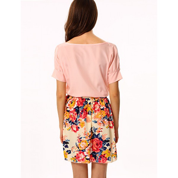 Women's White/Pink Round Flower Print Chiffon Short Sleeve Dress