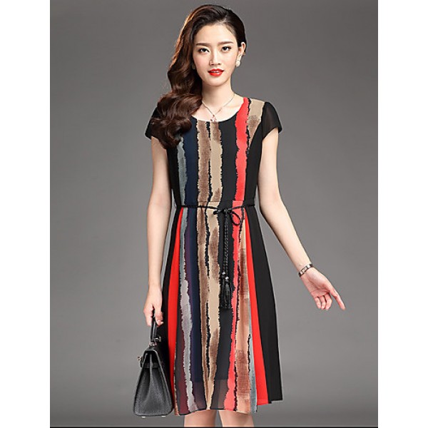 Women's Street chic Striped Plus Size / Swing Dress,Round Neck Knee-length Polyester