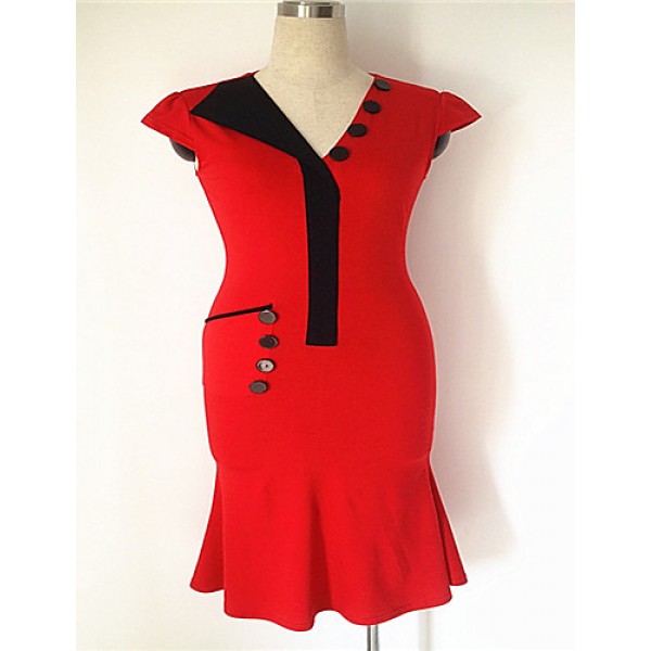 Women's Vintage V Neck Button Dress , Cotton Blends Red Bodycon/Casual/Party/Work