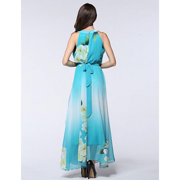 Women's Holiday / Plus Size Boho Chiffon Dress,Print Round Neck Maxi Sleeveless Blue Polyester Summer